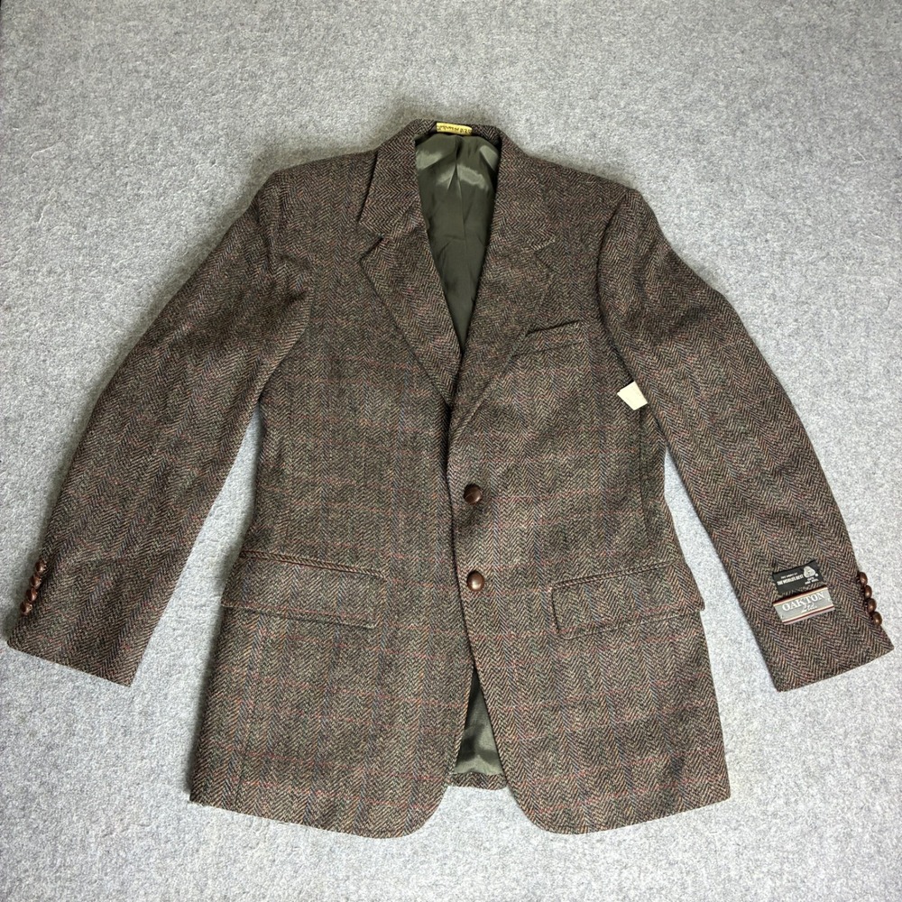Oakton Ltd Sz 38R Harris Tweed Brown Herringbone Wool Blazer Sport Coat Vintage